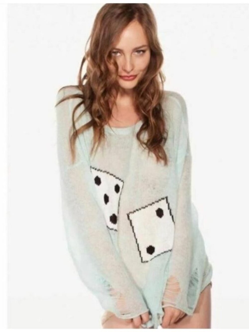 Wildfox Green Blue Dice Lucky Vegas Distressed Lennon Sweater Pullover BBJ